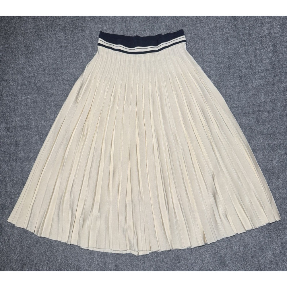 Tory Burch Pleated Striped Knit Pull On Skirt Women Size Medium Ivory Viscose
